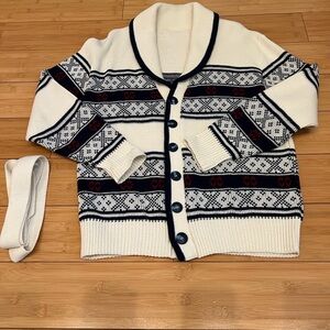 Vintage Men's Ivory and Navy Patterned Cardigan